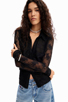 Desigual Long Sleeve Tulle Shirt in Black Lace