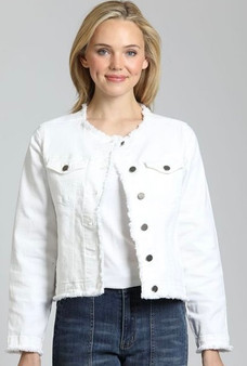 APNY Collarless Jeans Jacket with Fringe Detail in White