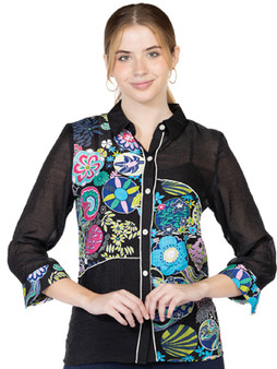 Variations Abstract Floral Colorblocked Shirt in Black