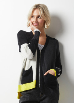 Zaget + Plover Cotton Cashmere Zip Up Colorblock Cardigan in Black