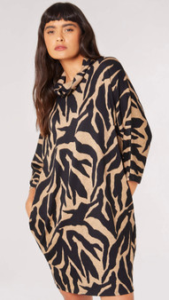 Apricot UK Knit Abstract Print Cowl Neck Dress in Camel/Black