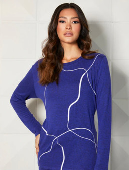 French Kyss Crewneck Top with Abstract Print in Purple/White