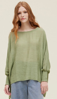 Shear Oversized Blouse with Smocked Sleeves in Soft Green