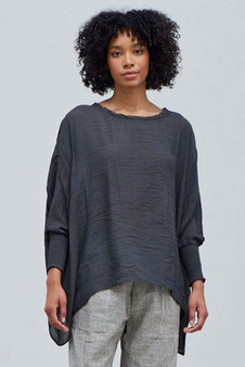 Shear Oversized Blouse with Smocked Sleeves in Soft Charcoal