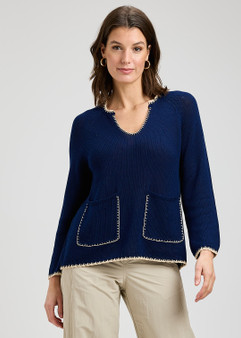 Zaget + Plover Cotton V-Neck Sweater in Navy