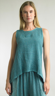 Tempo Paris Italian Linen Sleeveless High Low Top in Aqua