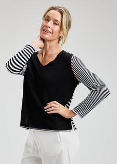 Zaget + Plover Cotton/Silk V-Neck Striped Sweater in Black