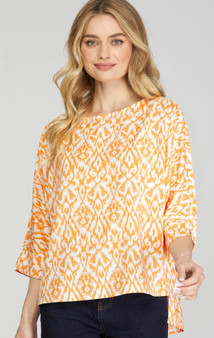 She + Sky 3/4 Sleeve Abstract Print Top in Tangerine