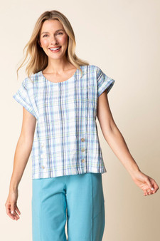 Habitat  Plaid Top with Cap Sleeves in Sky