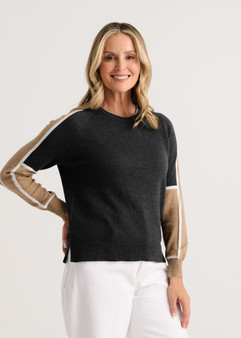 Zaget + Plover Cotton Cashmere CrewNeck Colorblocked Sweater in Charcoal