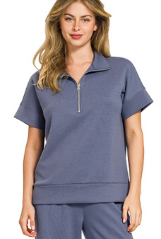 Zip Up Half Sleeve Scuba Pullover in Blue Indigo