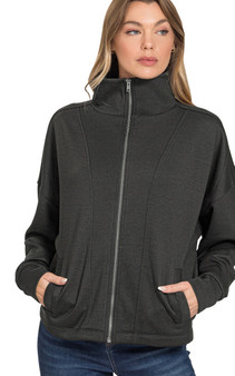 High Neck Zip Up Scuba Jacket in Black