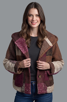 Tempo Paris Plaid Crop Jacket  with Hood Brown Combo