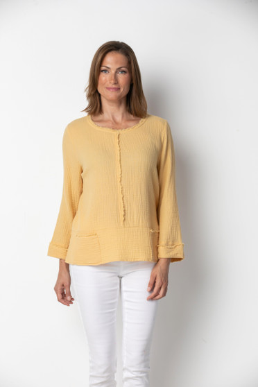 Habitat Textured Cotton Top with Frayed Edging in Ochre