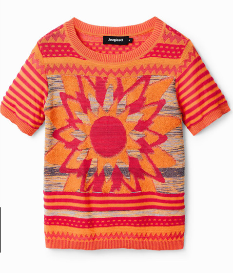 Desigual Short Sleeve Sweater in Orange and Red