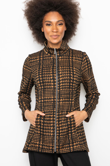 LIV by Habitat Zip Up Knit Houndstooth Jacket in Cinnamon