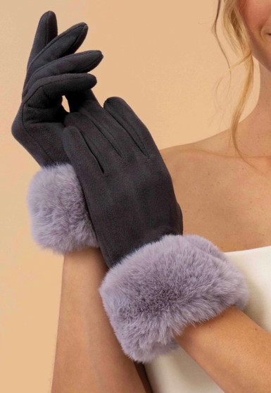 Powder UK Faux Suede Gloves with Faux Fur Trim in Dark Gray/light Gray