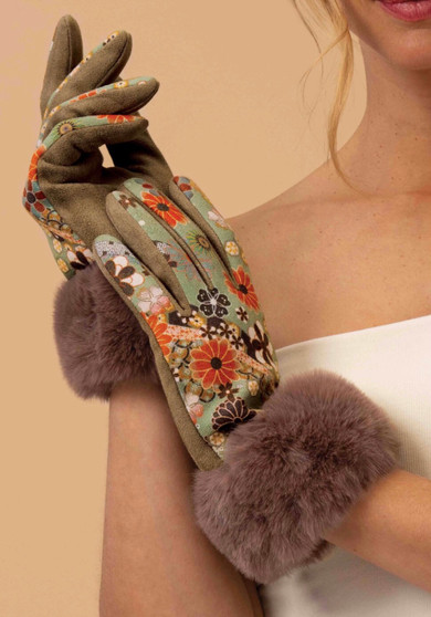 Powder UK Faux Suede Floral Print Gloves with Faux Fur Trim in Navy/Tan Powder UK Faux Suede Floral Print Gloves with Faux Fur Trim in Navy/Tan