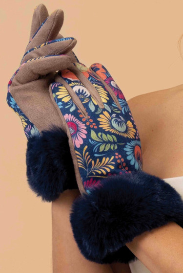 Powder UK Faux Suede Floral Print Gloves with Faux Fur Trim in Navy and Tan Powder UK Faux Suede Floral Print Gloves with Faux Fur Trim in Navy and Tan