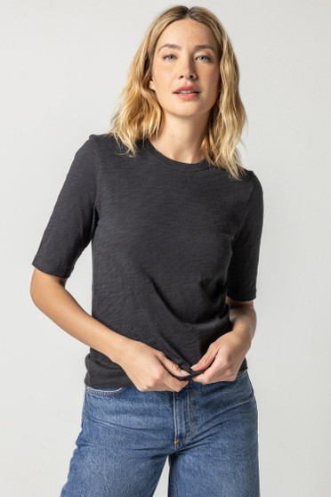 Lilla P Slub Cotton Elbow Sleeve  Tee in Black