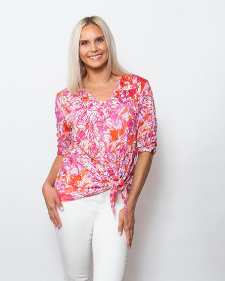Sno Skins Crinkle. Fabric V-Neck Shirt with Knot in Pink Passion