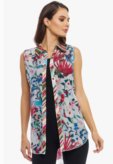 Adore Sheer Sleeveless Abstract Floral Print Shirt