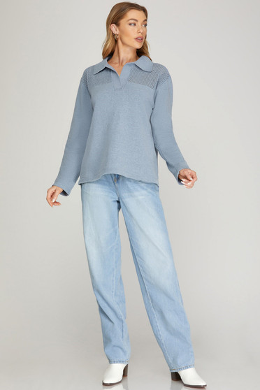 She + Sky Sweater with Open Weave Details in Blue