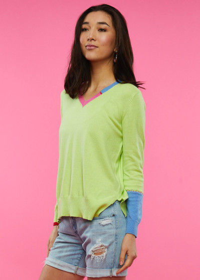 Zaget + Plover Colorblocked  V-Neck Sweater in Lime