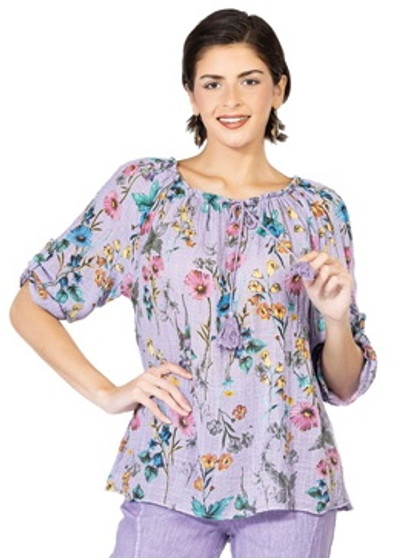 Italian Cotton Gauze Short Sleeve Top in Lilac Floral Pattern