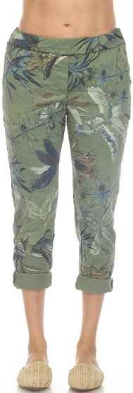 Flora Ashley Italian Drawstring Pants in Olive Floral Print