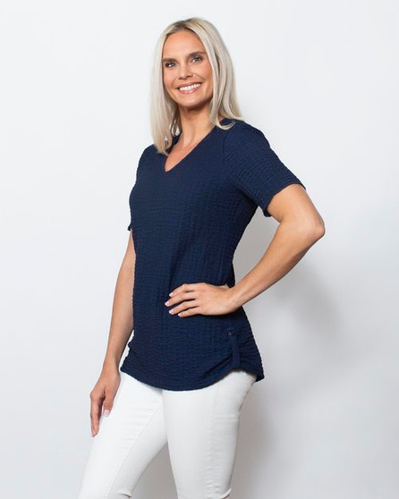 Sno Skins Textured Fabric V-Neck Short Sleeve Top in Navy