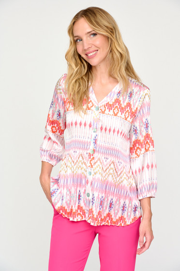 Tinta V-Neck Pleated Blouse In Pink and Orange Geometric Print
