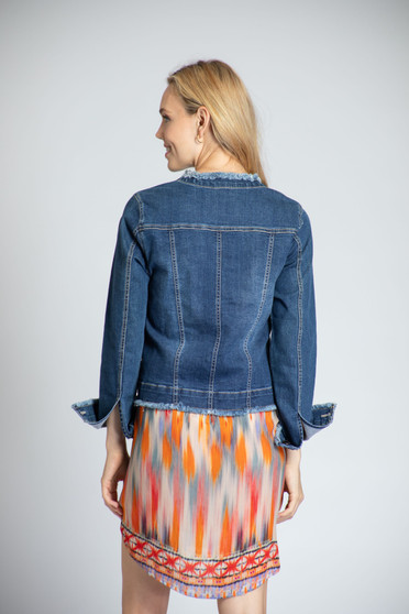 APNY Collarless Denim Jeans Jacket with Fringe Detail