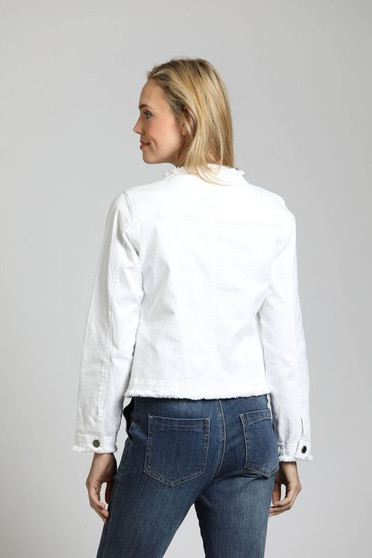 APNY Collarless Jeans Jacket with Fringe Detail in White