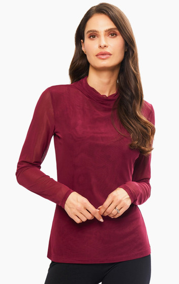 Adore Mesh Loose Cowlneck Top with Sheer Sleeves in Merlot
