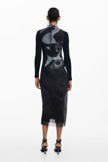 Desigual Knit Dress with Mesh Overlay in Black/Gray