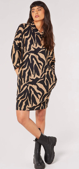 Apricot UK Knit Abstract Print Cowl Neck Dress in Camel/Black