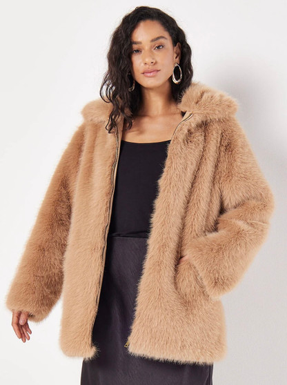 Apricot UK Fuax Fur Coat in Camel
