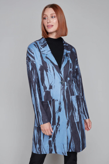 Claire Desjardins Abstract Print Faux Suede Duster in Black/Periwinkle