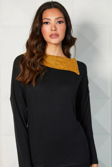 French Kyss Zip Neck Top in Black/Mustard