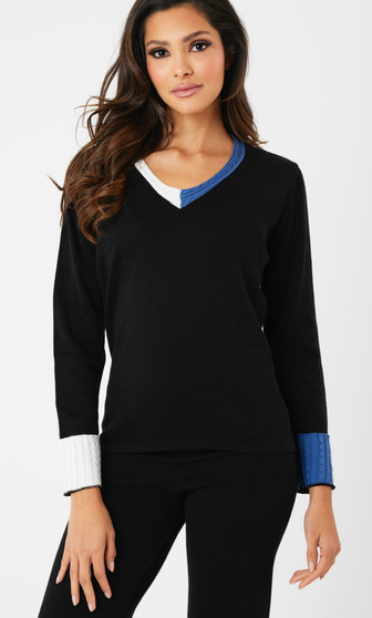 French Kyss V-Neck Mixed Cable Sweater in Denim/Black