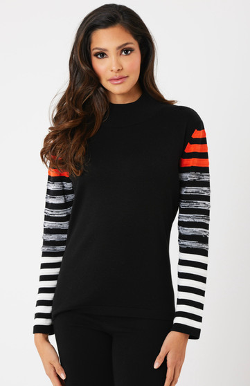 French Kyss Mock Mixed Stripe Sweater in Orange/Black