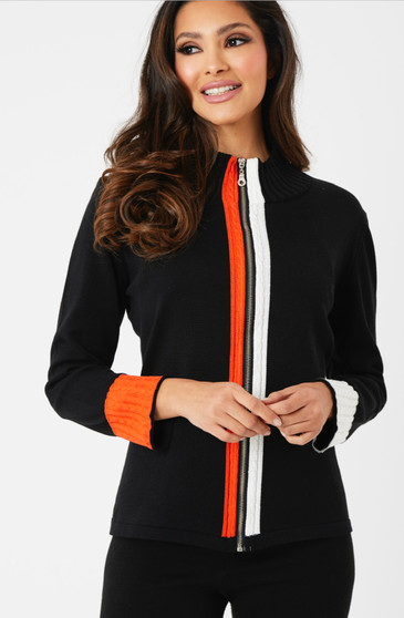 French Kyss Cable Zip Up Cardigan Sweater in Coral/Black