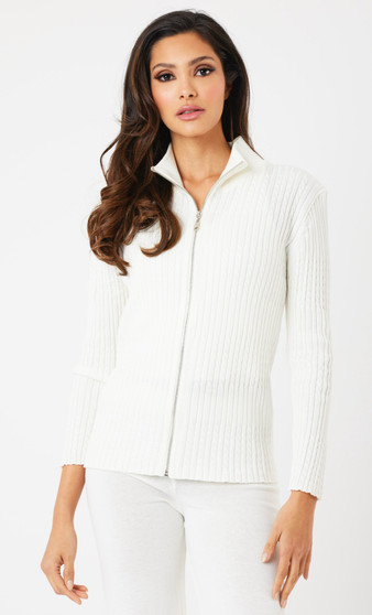 French Kyss Mini Cable Zip Up Cardigan Sweater in Winter White