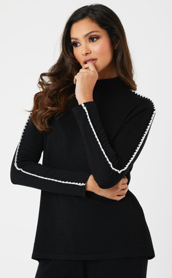 French Kyss Mock Neck Top in Black with Winter White Trim
