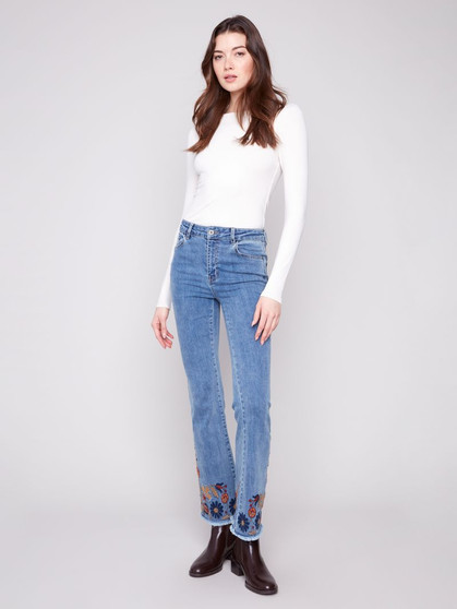 Charlie B Flair Leg Jeans with Floral Embroidery in Denim