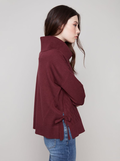 Charlie B Loose Cowl Neck Sweater with Ties in Merlot