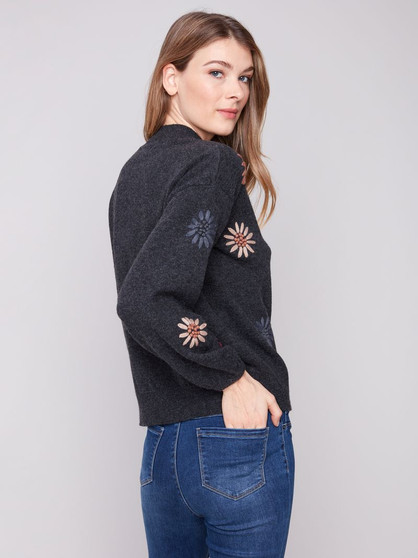 Charlie B Sweater with Embroidered Flowers in Charcoal