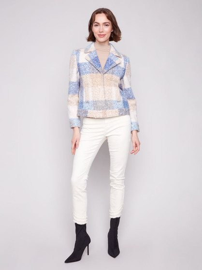 Charlie B Plaid Boucle Jacket in Blue/Camel