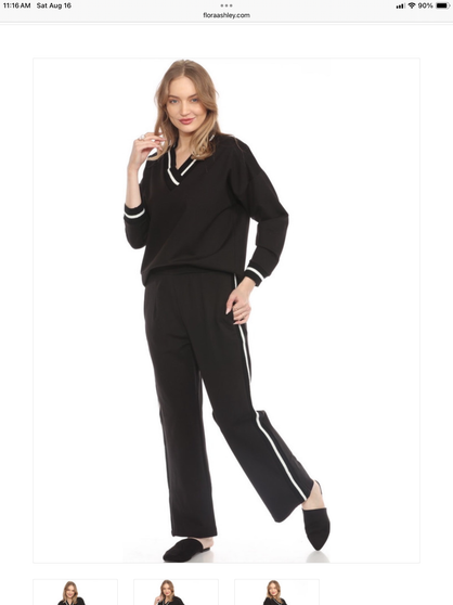 Flora Ashley Knit Wide Leg Pants with White Stitch Detail in Black